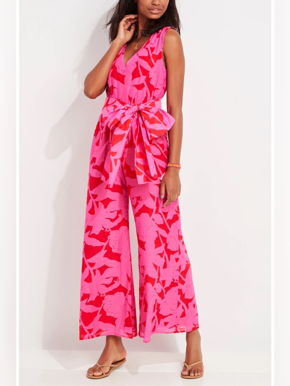 Vineyard Vines Tropical Floral Wide Leg Jumpsuit Pink Red Sleeveless Size 6